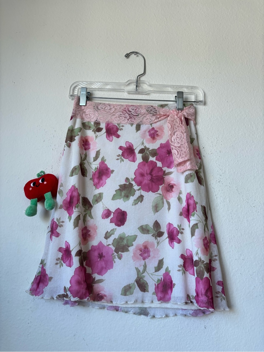 Vintage Pink Summer  floral skirt with lace trim and bow detail